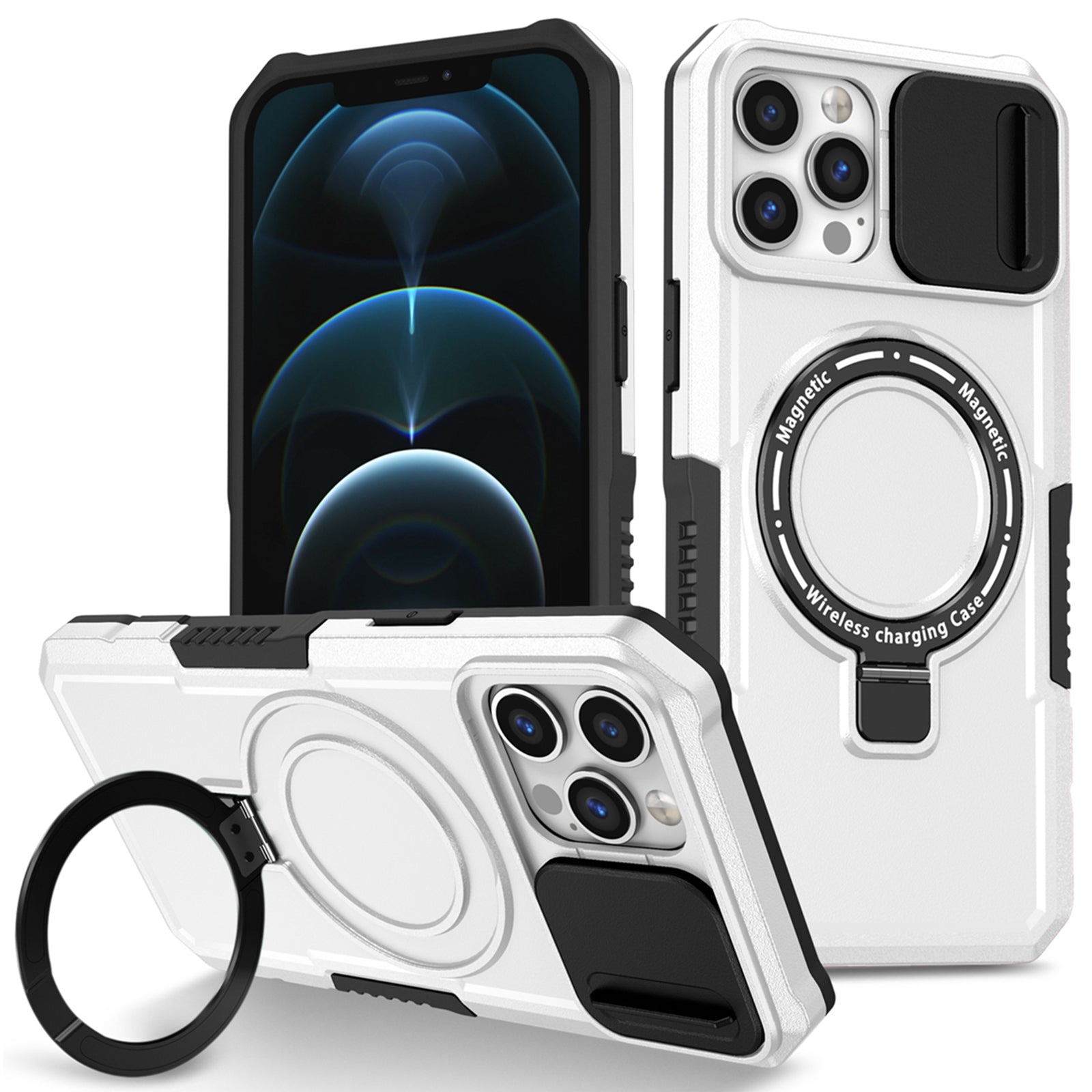 For iPhone 12 / 12 Pro Magnetic Case Slide Lens Lid Kickstand PC+TPU Phone Cover For iPhone 12 / 12 Pro Magnetic Case Slide Lens Lid Kickstand PC+TPU Phone Cover